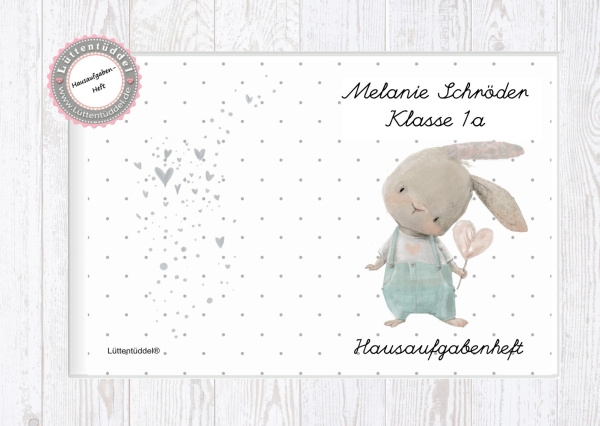 zuckersüßes Schulheft Umschlag Hase mit Herz Hausaufgabenheft in seperater hochwertiger Hülle Einschulung von Lüttentüddel